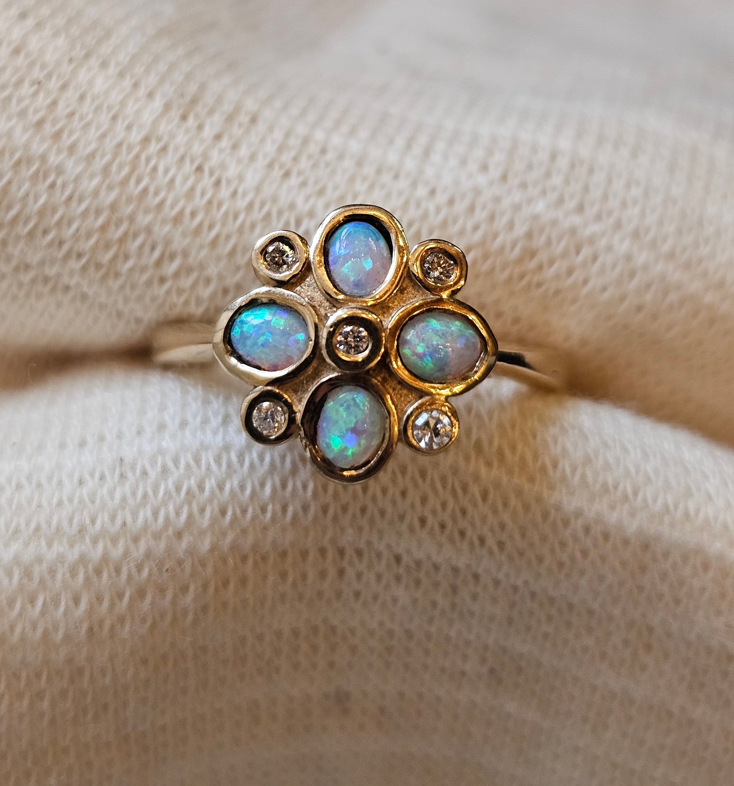 Edwardian Style Cluster 9ct Gold, Diamond and Cultured Opal Ring Size N